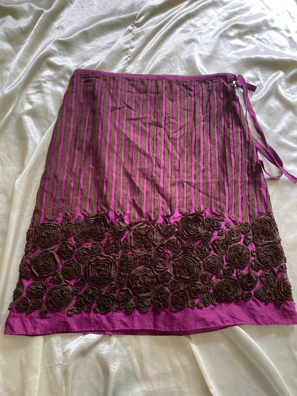 y2k Purple Brown Rose Floral Striped Mini Skirt Boho Tie Side Small Fairy Cotton